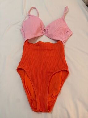 Time and Tru Pink and Orange Textured Colorblock One-Piece